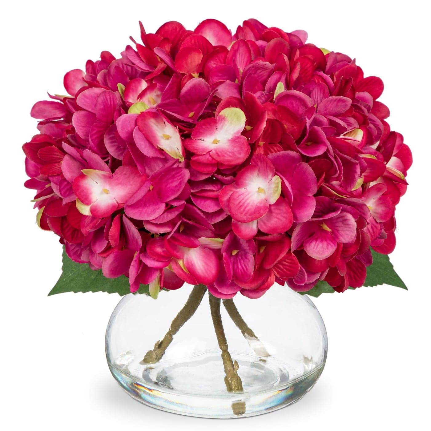 Hollyone Hydrangea Artificial Flowers with Glass Vase Fuchsia Silk Faux Flowers Arrangements in Vase with Faux Water Fake Floral Bulk Bouquet for Home Decor Table Centerpiece Decorations