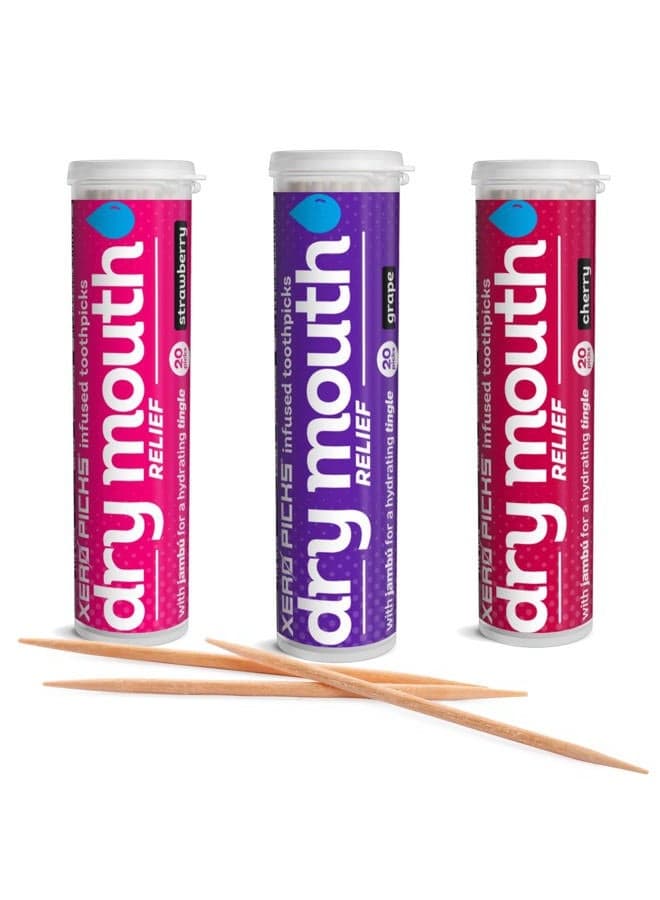 Dry Mouth - Flavor Infused Toothpicks for Long-Lasting Fresh Breath and Dry Mouth Prevention - 60 Picks - 3 Pack - Fruit Variety - Strawberry, Cherry, Grape