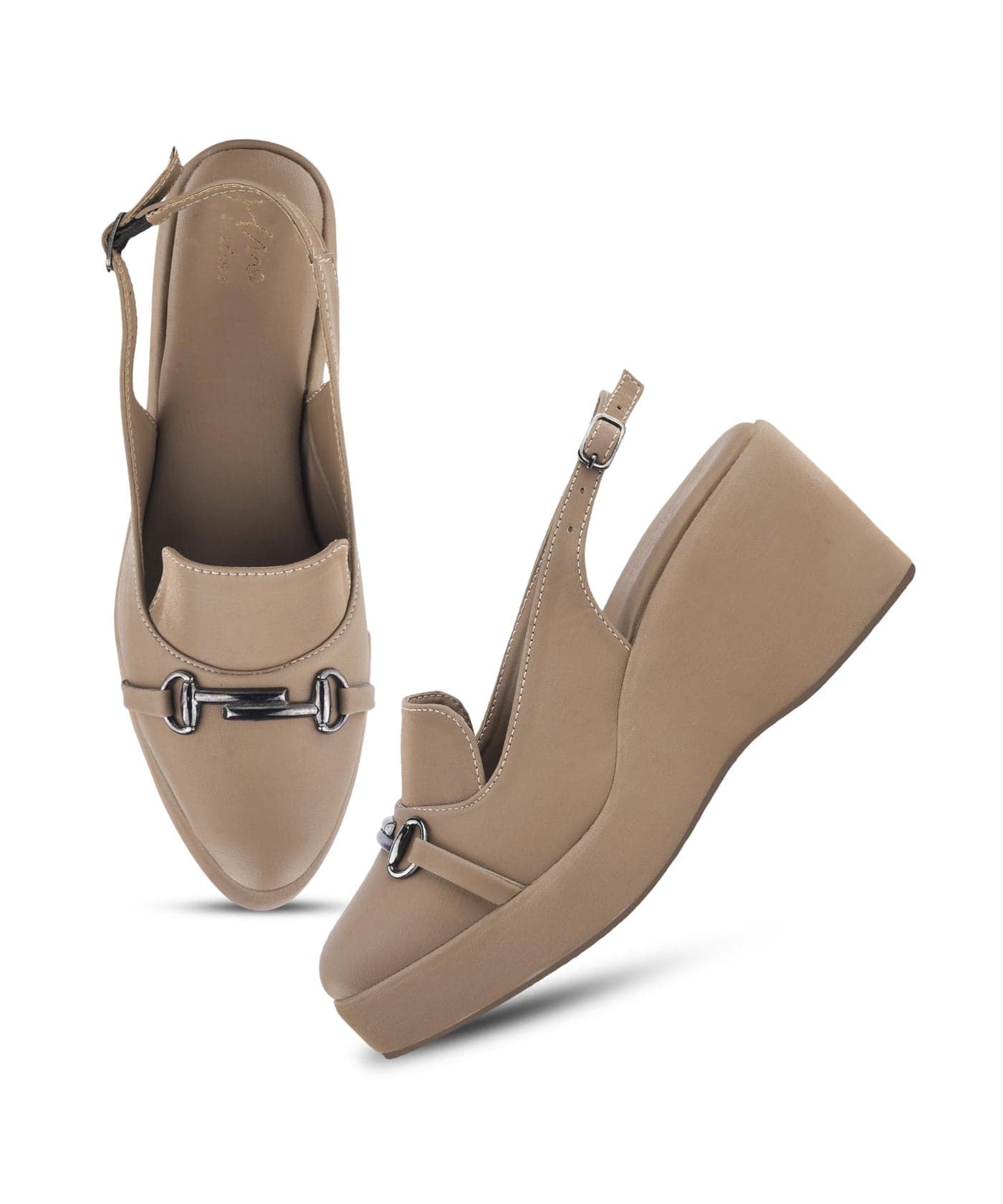JM LOOKS Women Wedge Platform Sandals | Slingback Heels with Metal Detail | Stylish & Comfortable for Casual Party Office Look Beige