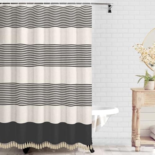 bufftieo Black Shower Curtain for Bathroom Boho Linen Farmhouse Tassel Shower Curtain Set 72 x 72