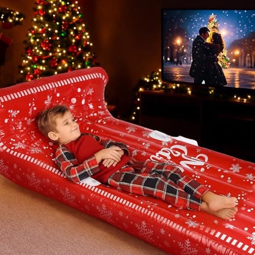 Chunful 71 x 39 Inch Christmas Red Inflatable Travel Bed Air Mattress Gift Large Size Snowflake Pattern Merry Christmas for Sleepovers for Xmas Movie Night