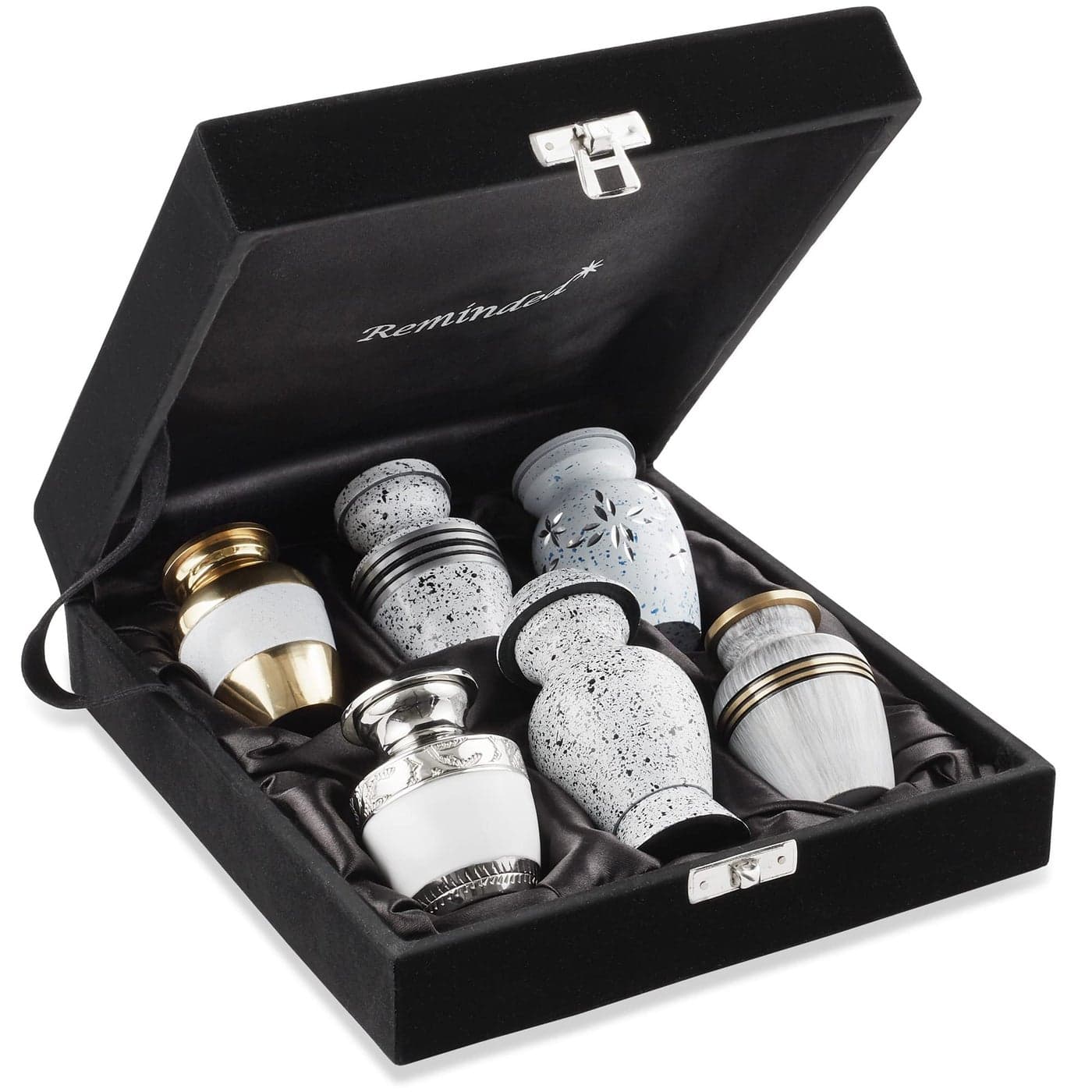 Reminded Small Keepsake Cremation Urns for Human Ashes Set of 6 Silver and Gold Family Memorial Urns with Velvet Case and Bags