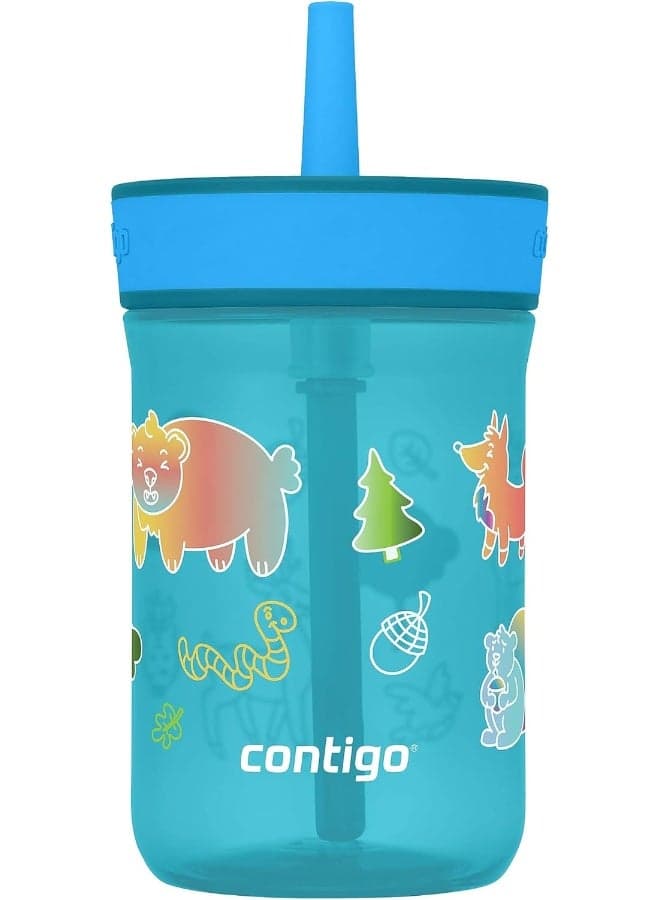 Contigo Leighton Kids Plastic Water Bottle, 14oz Spill-Proof Tumbler with Straw for Kids, Dishwasher Safe, Juniper/Blue Forest