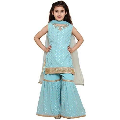 AJ DEZINES Girls Sharara Kurta Set | Georgette Sleeveless Kurti Set | Ethnic Wear for Girls | Foil Printed Sharara Suit | Stylish Kids Kurta for Festivals Weddings & Special Occasions | FIROZI-8