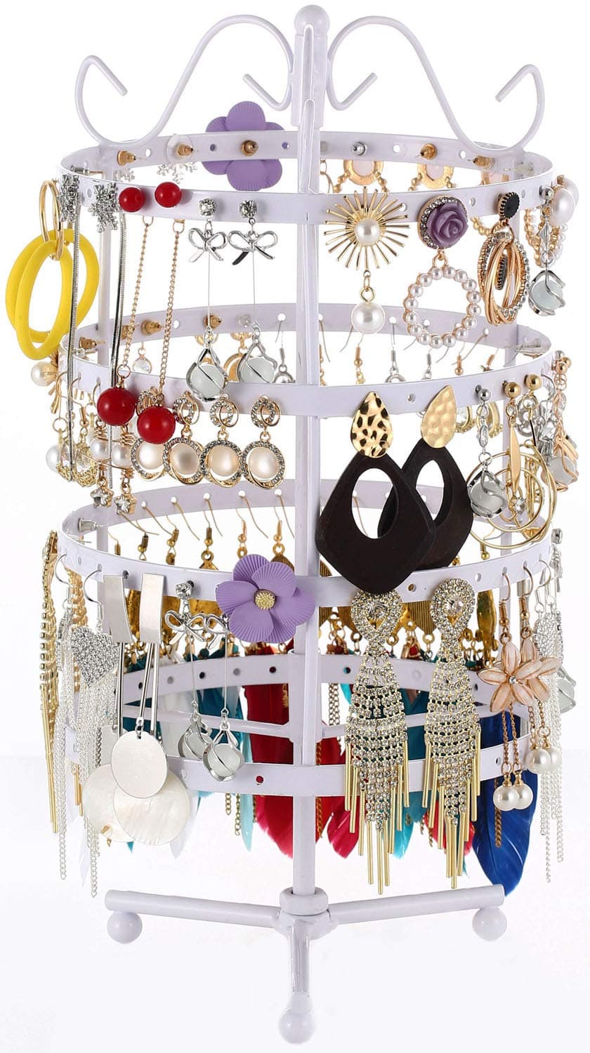 Sooyee Jewelry Holder360 Rotating Earring Holder Organizer Jewelry Stand4 Tiers 144 Holes Earring Display Stands for SellingMetal Jewelry displayWhite