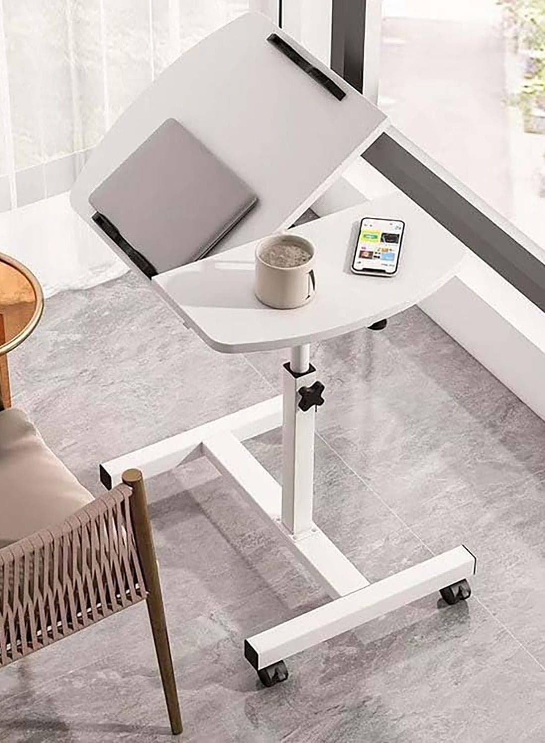 Movable Computer Desk with Wheels Height Adjustable Overbed Bedside Desk Mobile Standing Laptop Table with Tilting Top for Hospital Home Sofa Bed Side Table (White)