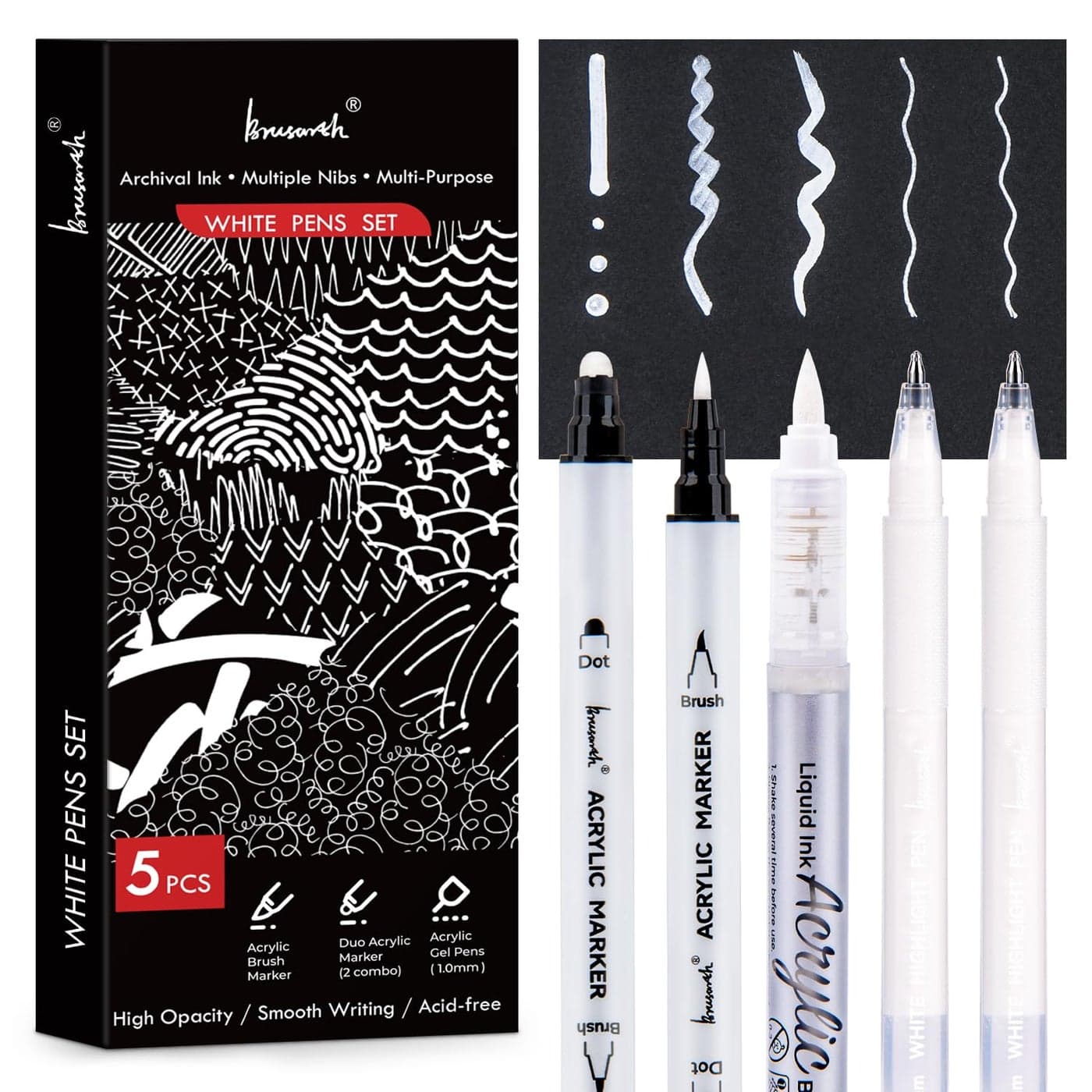Brusarth White Pens Set 5 Pack 1mm White Gel Pens DualTip Acrylic Paint Pen Brush Tip Acrylic Markers for Black Paper Drawing Sketching Illustration Card Making Bullet Journaling