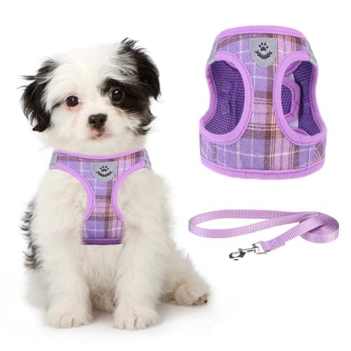 KOOLTAIL Dog Harness for Small Medium Dogs,Dog Harness and Leash Set, Step in No Pull Soft Mesh Padded Adjustable and Reflective Pet Vest Harness Puppy, Plaid Extra Harness for XS S Dogs, Purple S