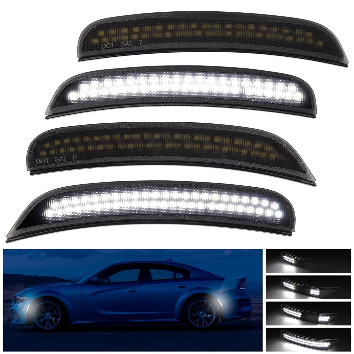 FetonAuto Dynamic White LED Side Marker Lights for Dodge Charger 2015 2016 2017 2018 2019 2020 2021 2022 2023 2024 Smoked Lens Front Rear Charger Bumper Reflector Lamp 4PCS