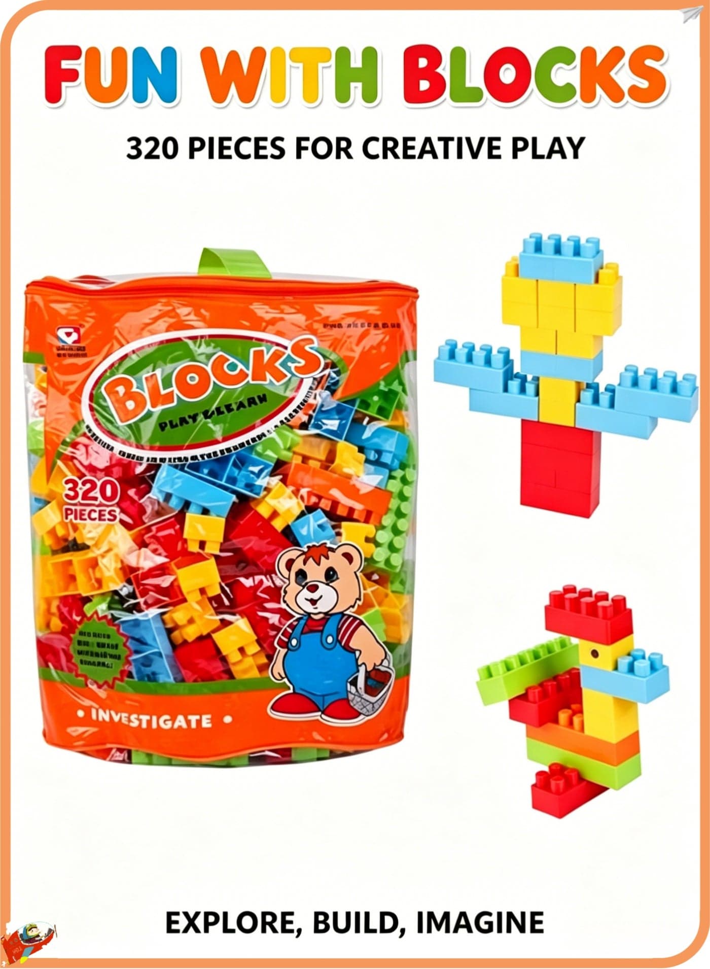 320 PCS Kids Building Blocks Set, Colorful Interlocking Plastic Bricks, STEM Educational Toy for Toddlers & Preschoolers, Creative Construction Playset with Storage Bag, Safe & Durable for Boys & Girls, Develops Imagination, Fine Motor Skills & Problem-Solving, Perfect Gift for Birthdays & Holidays
