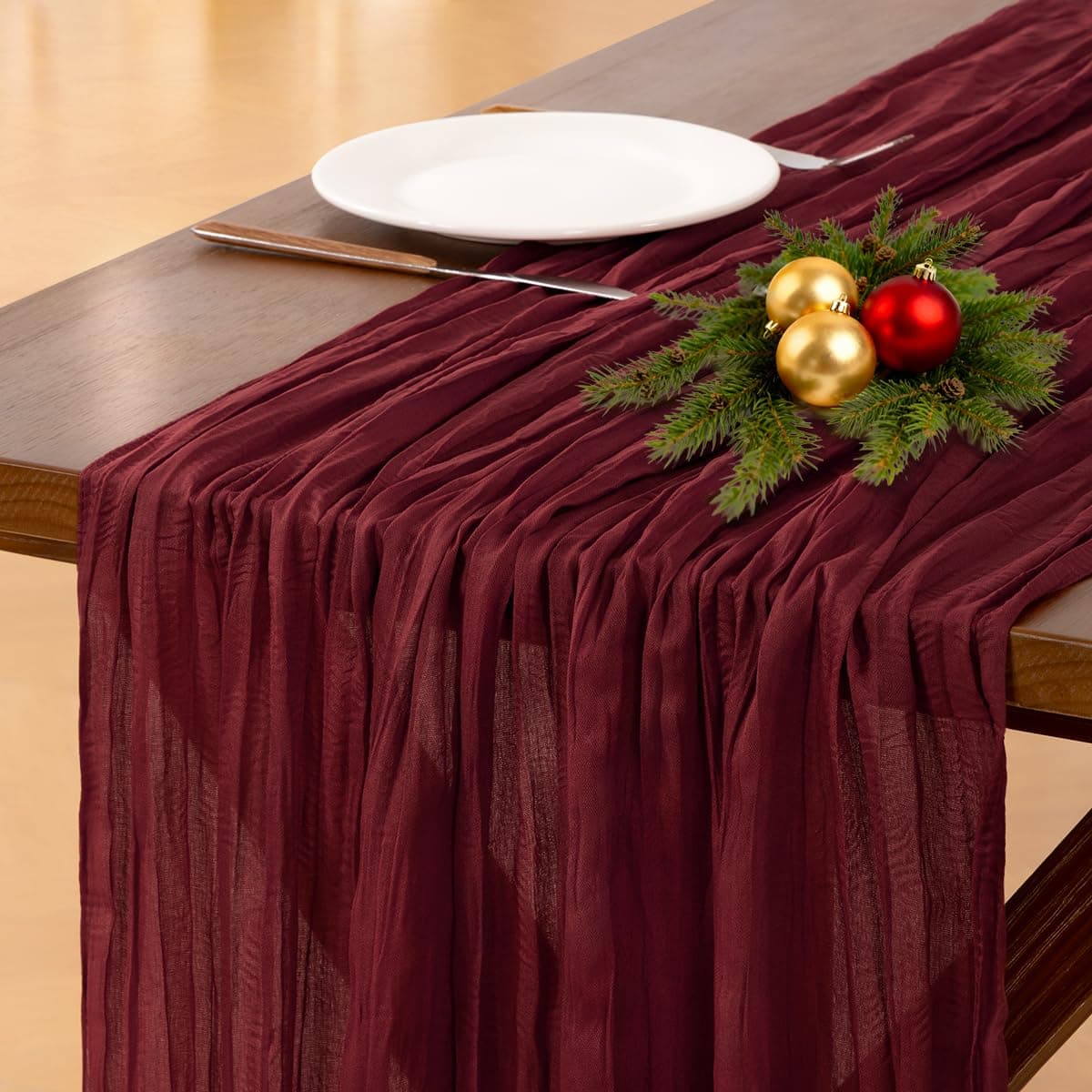 Socomi Burgundy Red Valentines Day Table Runner Cheesecloth Boho Rustic Gauze 120 inch 10FT Cheese Cloth Runner for Wedding Party Baby Shower Birthday Home Decor Holiday Decorations