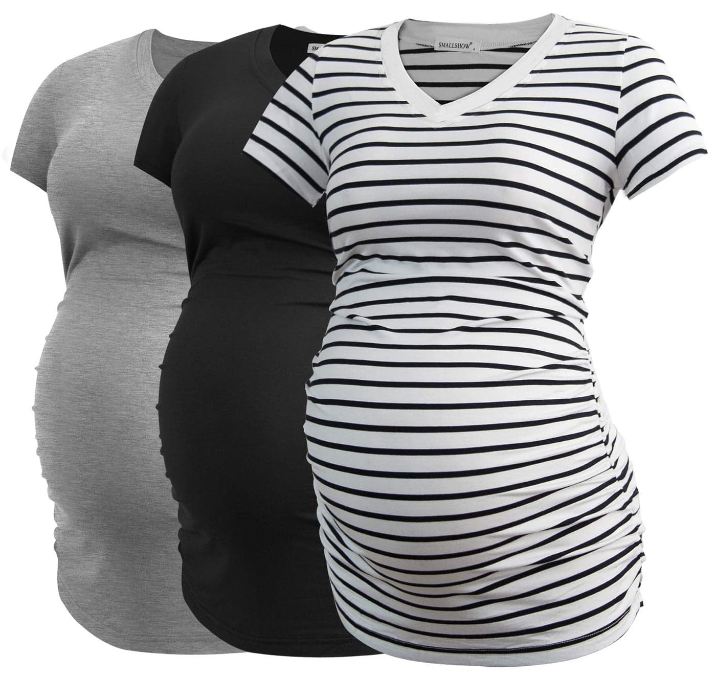 Smallshow Womens V Neck Maternity Clothes Tops Side Ruched Pregnancy T Shirt Large BlackLight GreyWhite Stripe