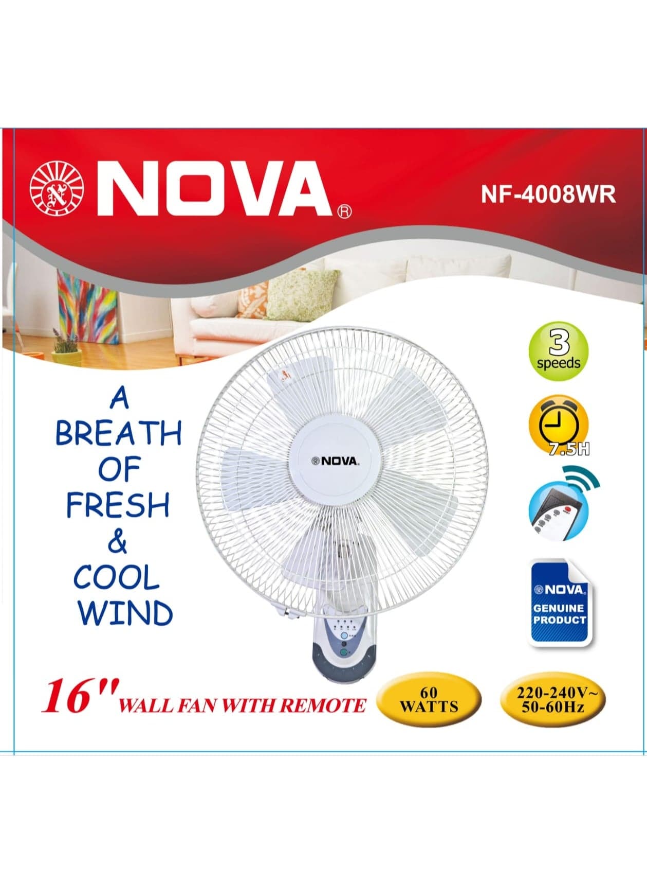 NOVA Remote Wall Fan NF-4008WR – Fresh, Cool Air with Reliable Performance and Smart Controls Featuring efficient motor technology, three-speed airflow adjustment, remote functionality, and durable construction, this fan is an excellent choice for maintaining a pleasant and comfortable atmosphere.