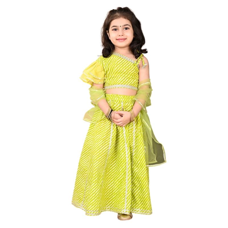 superminis Girls Cotton One Shoulder Lehariya Printed Lehenga Choli and Net Dupatta Set (6-7 Years, Green) | Finish Type: Readymade