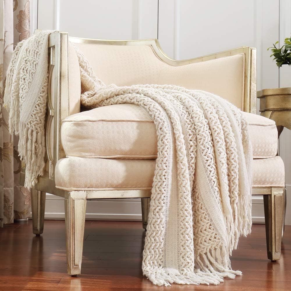 CREVENT Home Decor Farmhouse Couch Sofa Chair Bed Throw Blanket, Soft Warm Cozy Light Weight for Travelling (50''X60'' Beige/Ivory)