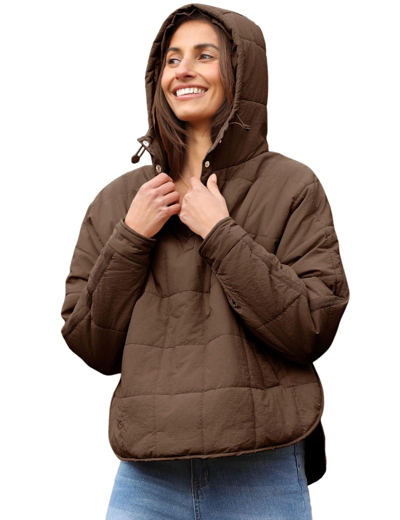 QIBABU Womens Oversized Hooded Puffer Jacket Lightweight Pullover Hoodies Quilted Dolman Long Sleeve Warm Winter Coat(1873-Brown-M-QB)