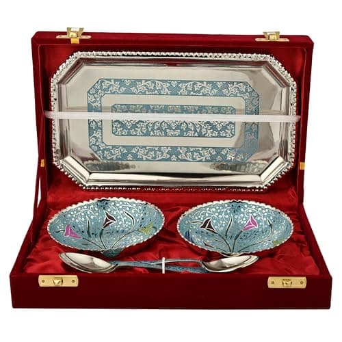 Brass Bowl Set of 2 Pooja Home Decor Table Centerpiece Metal, Wedding Anniversary Couple Showpiece, Diwali Gift for Employees, Corporate Clients - 4 inch with Plate & Spoons, 400 gms, Multicolor