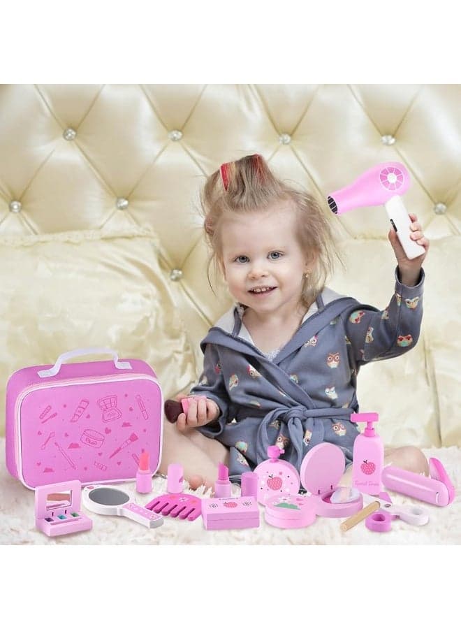 GAGAKU Wooden Makeup Toy Set Pretend Wood Beauty Hair Salon Toys for Toddler Wooden Makeup Kit for Girls with Styling Tools Christmas Birthday Gift for 3 4 5 6 7 Years Old Girls