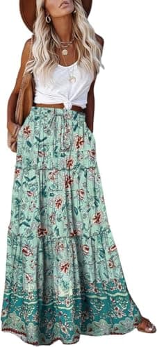 EARKOHA Womens Casual High Waist Tie Paisley Print Long Maxi Skirt with Pockets Green Floral XL