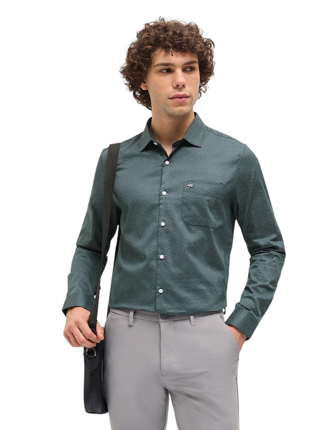 THE BEAR HOUSE Men's Cotton Printed Tailored Fit Fomal Shirt Green