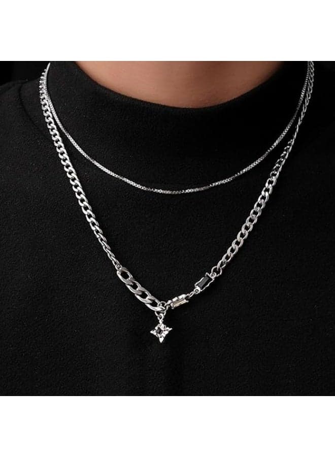 Men's Titanium Steel Necklace Minimalist Double Layer Star Chain Stylish Jewelry with Sparkling Black Stone Unisex Bold Streetwear Pendant Versatile Statement Accessory for Casual Sweater Outfits Couple Gift(Silver, 50cm)