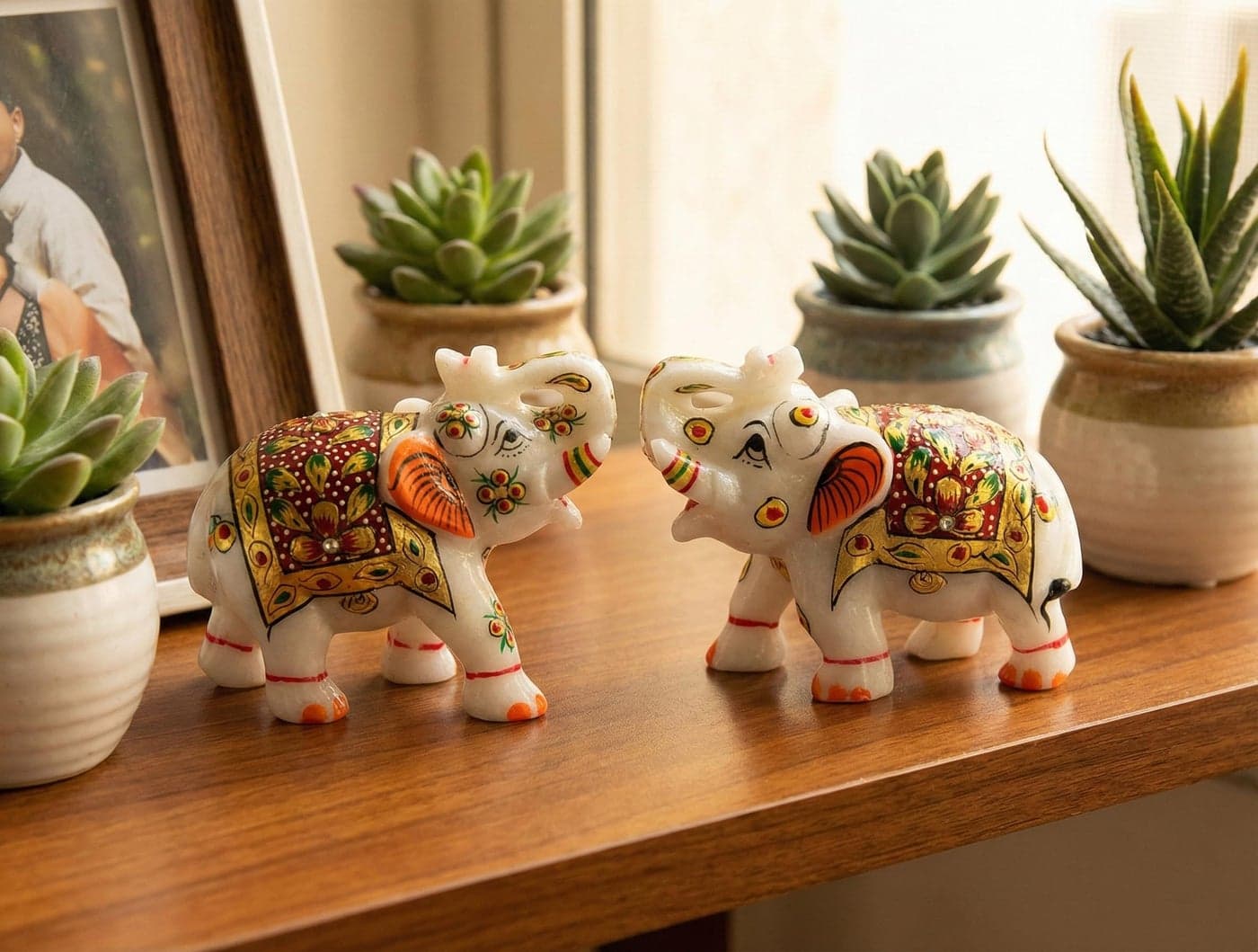 ESPLANADE Marble Elephant Family - Set of 2 - Sculpture Showpiece Figurines - Home Decor - White Multi - 3" Inches (Small)