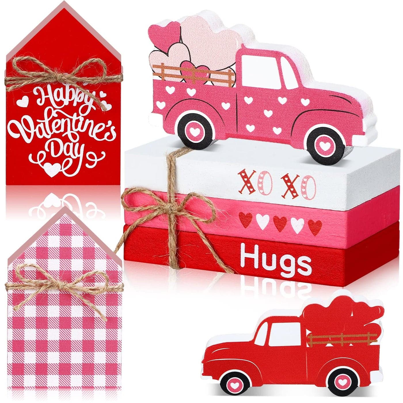5Piece Valentines Day Tiered Tray Decorations 3 Faux Books Bundle with Twine Red Truck Heart Valentine House Sign Table Decor for Bookshelf