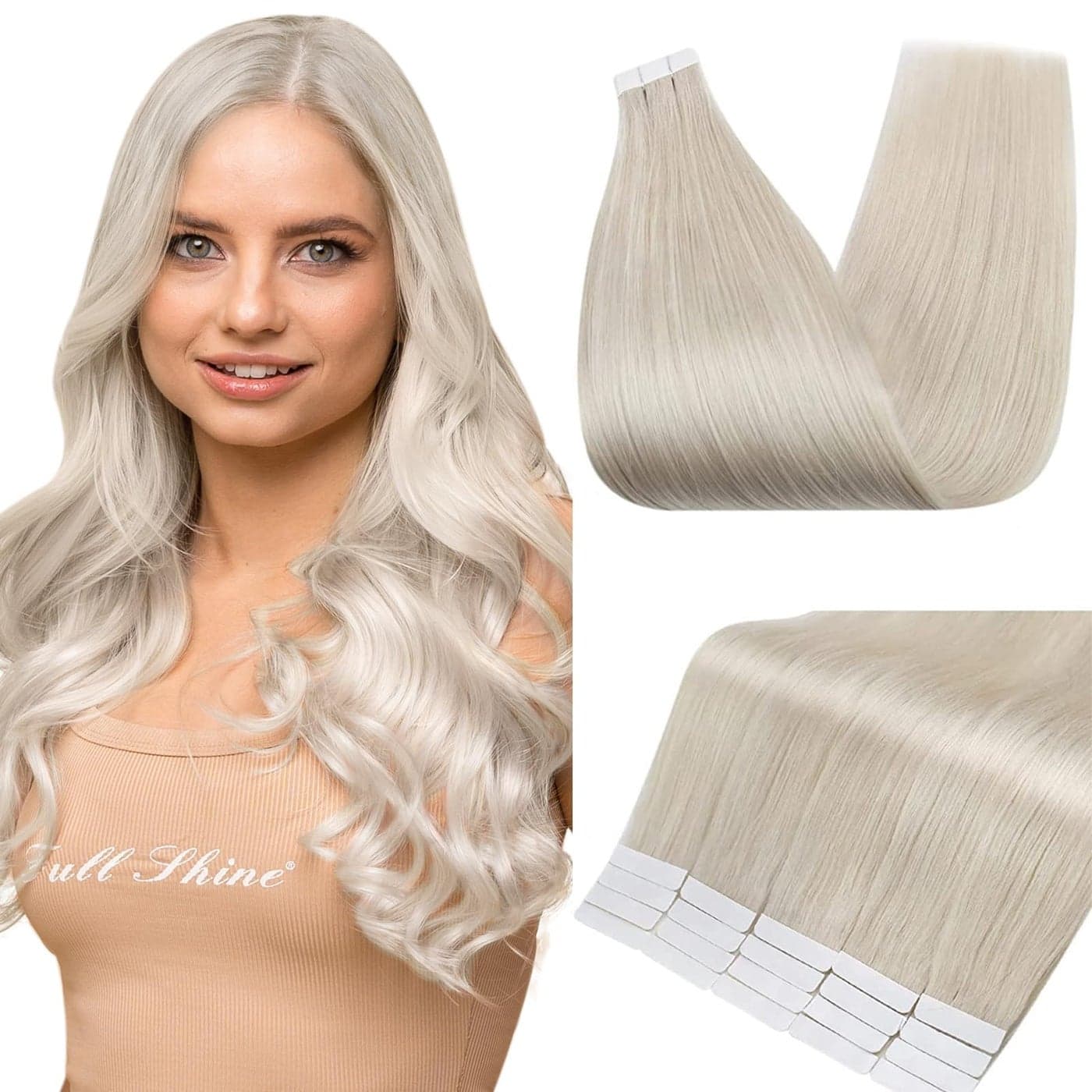 Full Shine Tape in Extensions Human Hair Color 1000 Blonde Remy Human Hair Extensions Tape Ins 20 Inch Invisible Seamless Tape in Hair Extensions 50g 20PCS Add Length