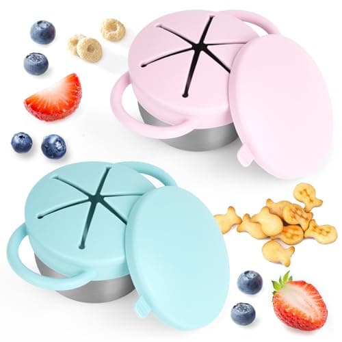 Daximo 2 Pack Snack Cups for Toddlers Spill Proof Detachable Stainless Steel Toddler Snack Cups with Silicone Lids Handles Dishwasher Safe Snack Container Light blue and Light pink