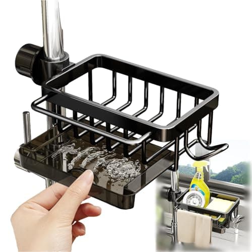GCFTIFF Sink Organizer Rack for Kitchen and Bathroom, 2025 New Stainless Steel Detachable Hanging Faucet Drain Rack with Drip Tray Faucet Sponge Holder for Bathroom (Black, Right)