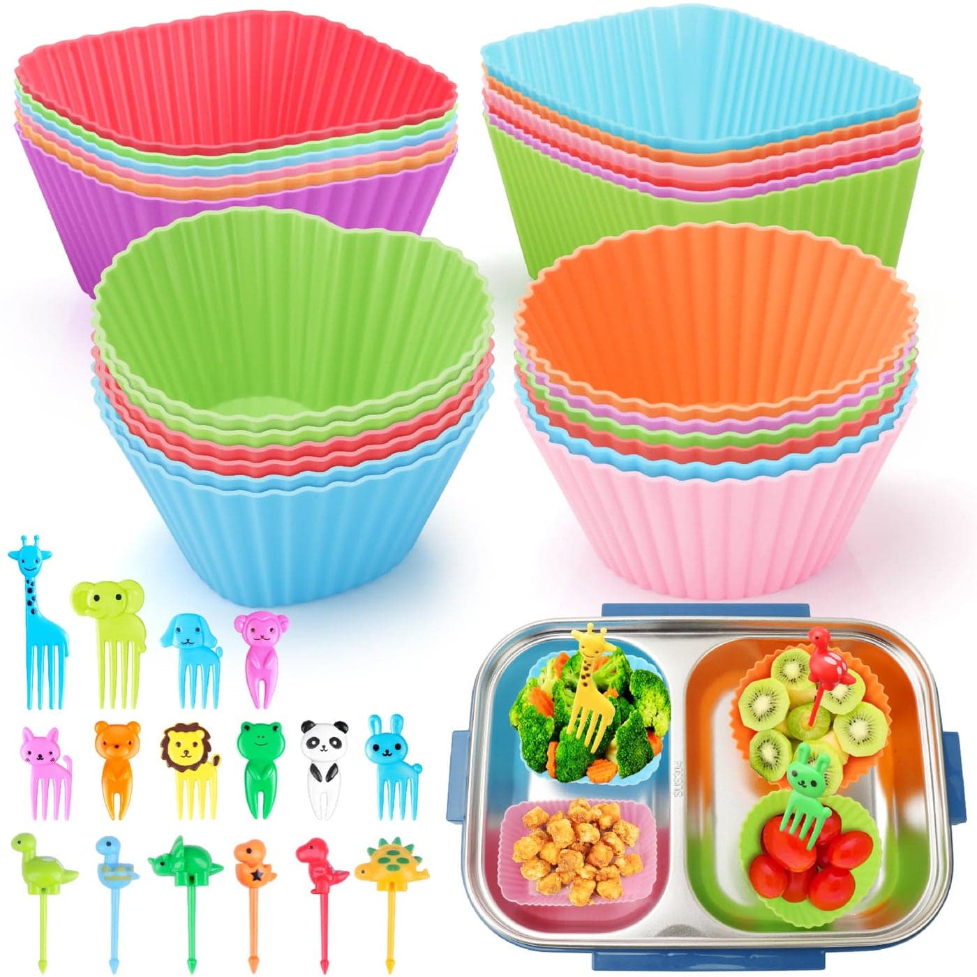 100PCS Silicone Lunch Box Dividers for Kids Lunch Accessories Set Including 24 Reusable Silicone Cupcake Liners Baking Muffin Cups with 76 Animal Food Picks for Kids Lunchbox Bento Box Accessories