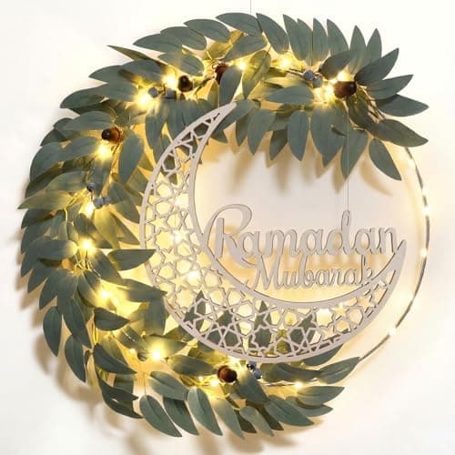 Cinnvoice Eid Ramadan Mubarak Wreaths Door Sign Artificial Leaves Ramadan Hanging Wreath Decoration for Front Door Eid Al Fitr Moon Wood Sign Wall Garland Hanger for Islamic Muslim Home Party Decor