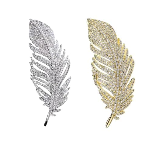2PCS Brooch Pin For Women(White & Gold), Rhinestone Feather Brooch For Men, Elegant Decorative Broches Para Ropa De Mujer, Hat Pins Gift For Anniversary And Special Occasions