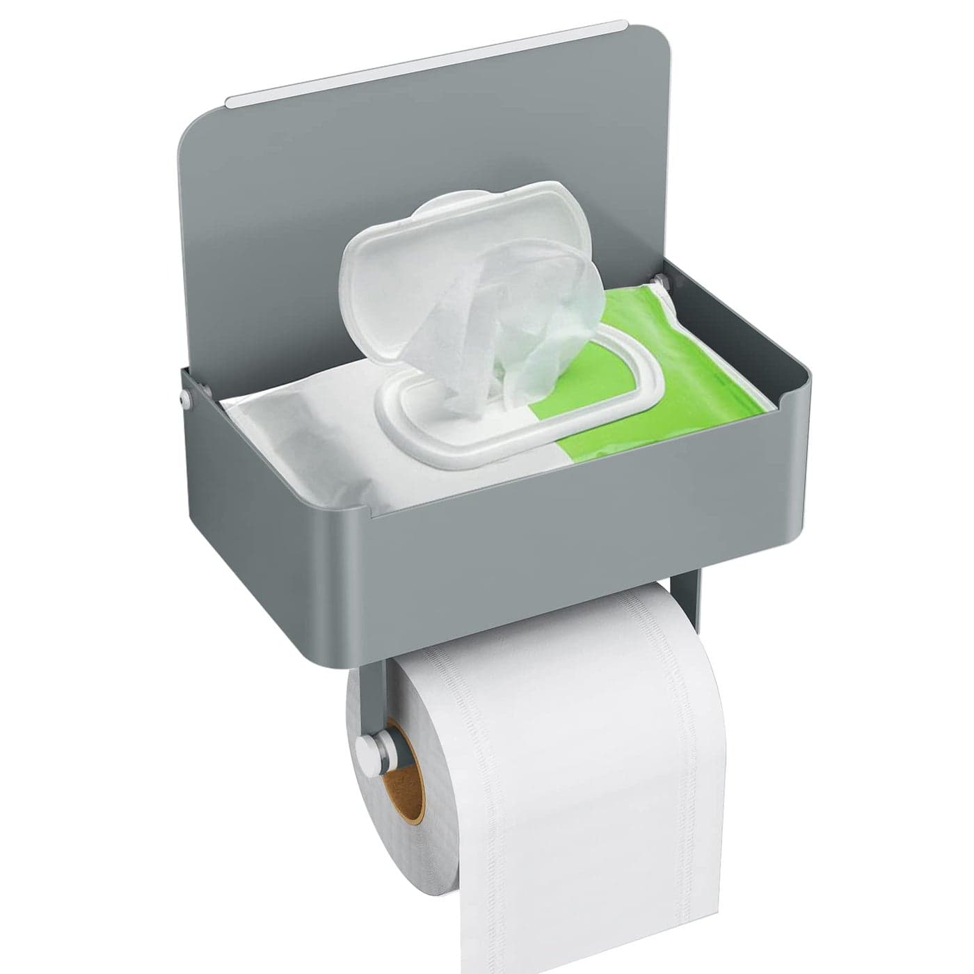 JUYSON Toilet Paper Holder with Shelf Flushable Wipes Dispenser Fits for Bathroom Wipe Storage Keep Your Wipes Hidden Out of Sight SUS304 Stainless Steel Wall Mount Organizer Grey