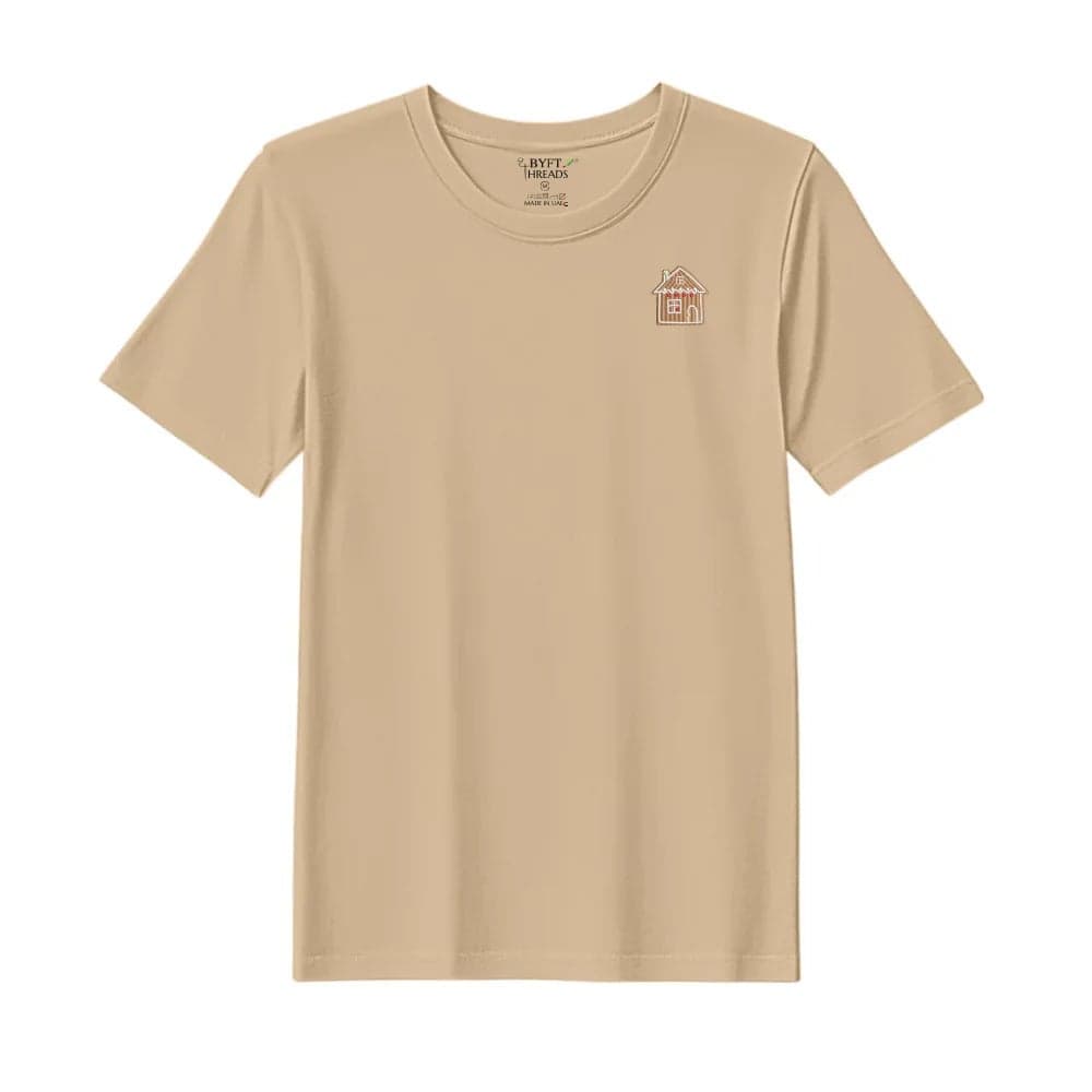 Threads Medium Beige Polycotton T-Shirt - Christmas "Gingerbread House Cookie" Embroidered Design, Premium Holiday Collection