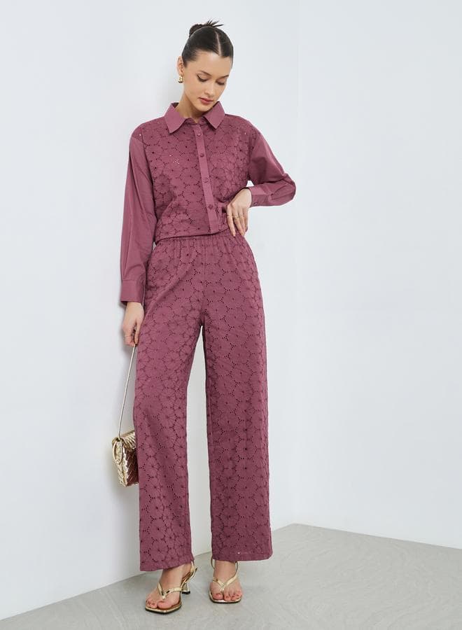 Purple Embroidered Wide Leg Trousers
