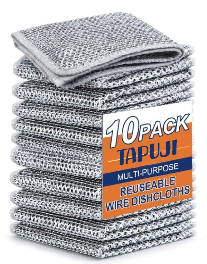 TAPUJI Pack of 10 Multipurpose Wire Dishwashing Rags for Wet and Dry Stainless Steel Scrubber Non-Scratch Wire Dishcloth for Washing Dishes Sinks Counters Easy Rinsing Machine Washable