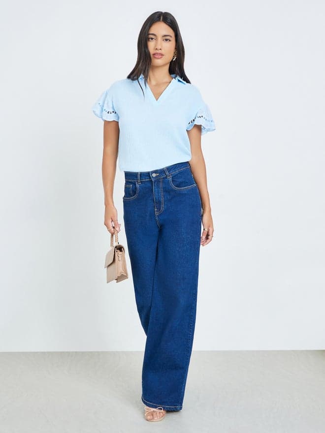 Styli Blue Ruffle Sleeve Burnout Blouse