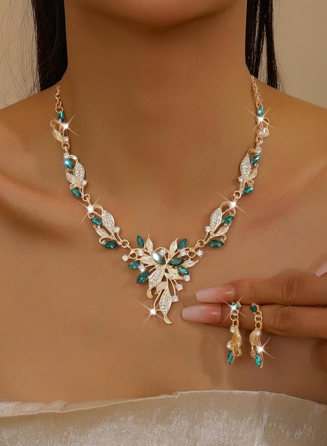 2-Piece Leaf Shape Embellished Necklace and Earrings Jewelry Set