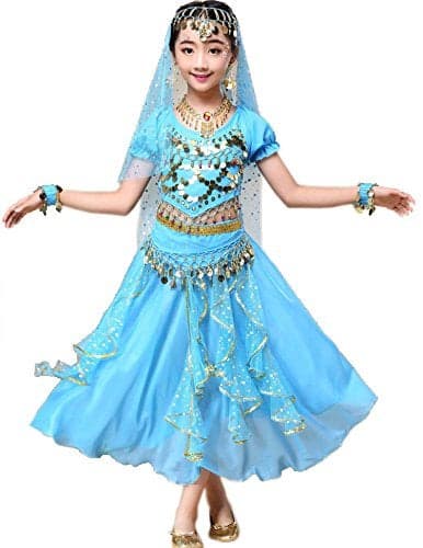 Astage Girl Belly Dance Sequin Indian Dance Costume Halloween Wear Sky Blue M(9Y-11Y)