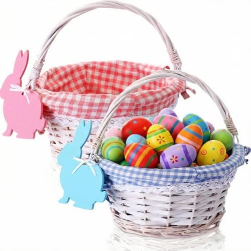 Weewooday 2 Pcs Wicker Easter Basket Tote Bags with 2 Name Tags Wooden Bunny Easter Basket with Handle with Removable Liner for Party SuppliesPink Blue