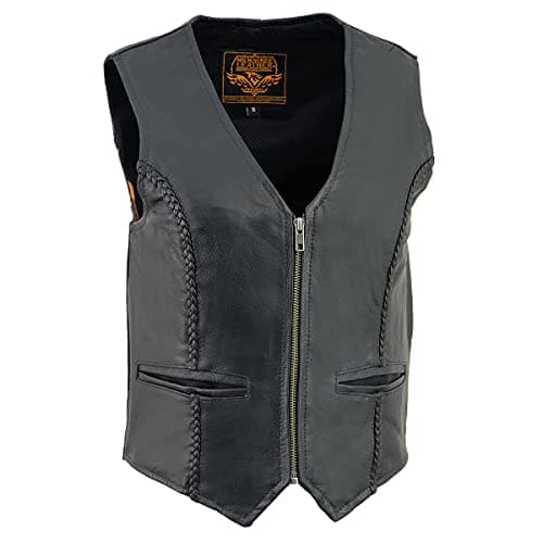 Milwaukee Leather SH1246Z Women's Black Leather Classic Braided Motorcycle Rider Vest with Zipper Closure - 4X-Large