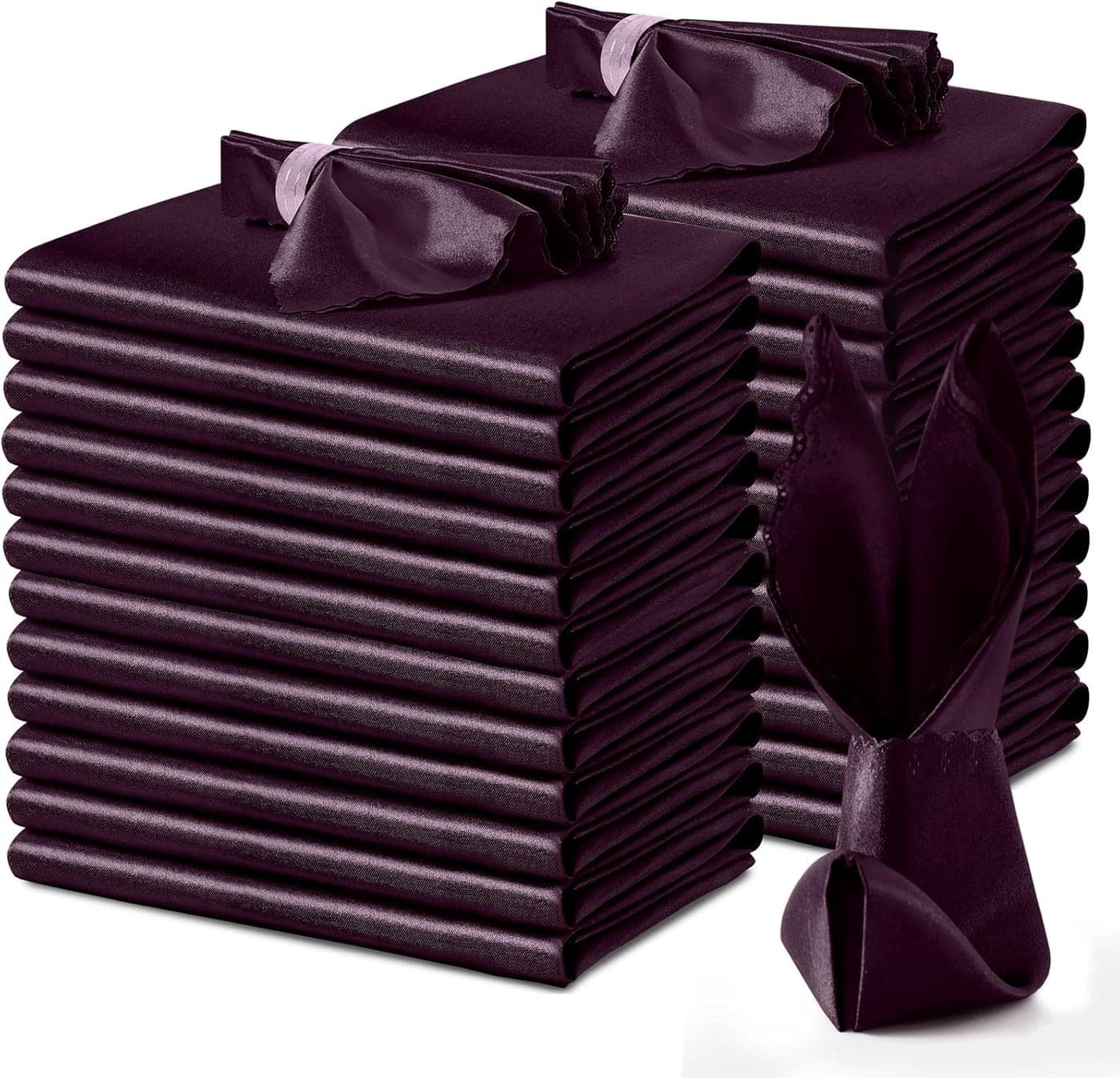 VACVELT 24 Pack Eggplant Purple Satin Napkins 12x12 Inch Wedding Napkins Scalloped Elegant Dinner Napkins Square Table Napkins Decor Silky Satin Cloth Napkins for Restaurant Banquet Graduation Party