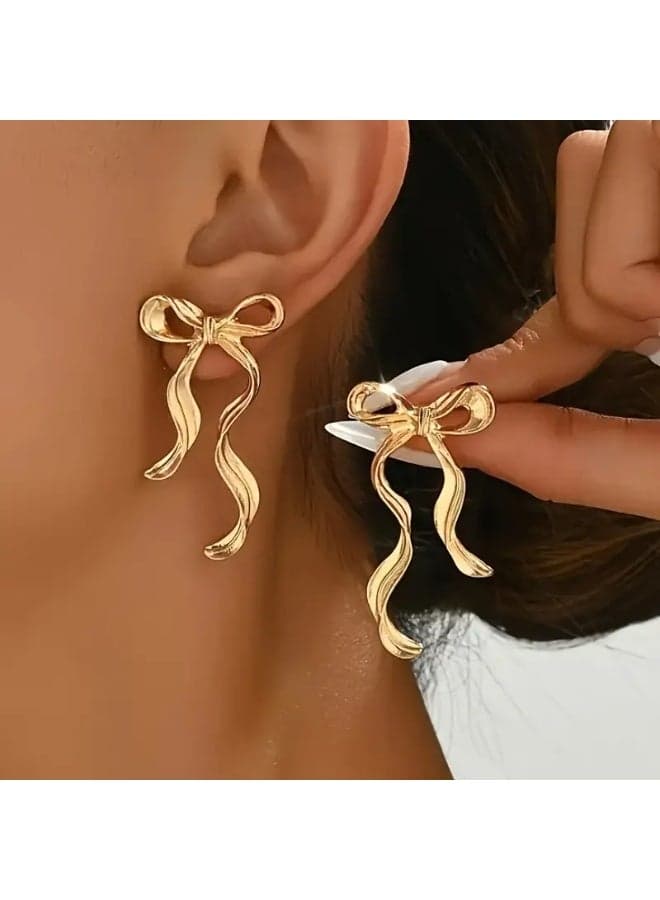 Chic Ribbon Bowknot Drop Earrings – Gold-Tone Alloy Fashion Jewelry for Women