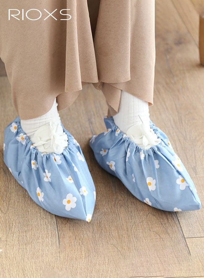5 Pair Shoe Covers for Kids, Resuable Non Slip Printed Shoe Covers for Boys and Girls, Adorable Flower Pattern Printed Breathable Shoe and Boot Covers for Indoors Outdoors, Children's Washable Recyclable Durable Shoe Protector, Protect Your Home, Floors and Shoes, Blue, EU Siz 27-35