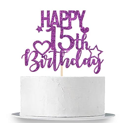 Festiko®Purple Glitter Happy 15th Birthday Cake Topper for Cheers to 15 Years - Teenager Children's Birthday Party Cake Decorations