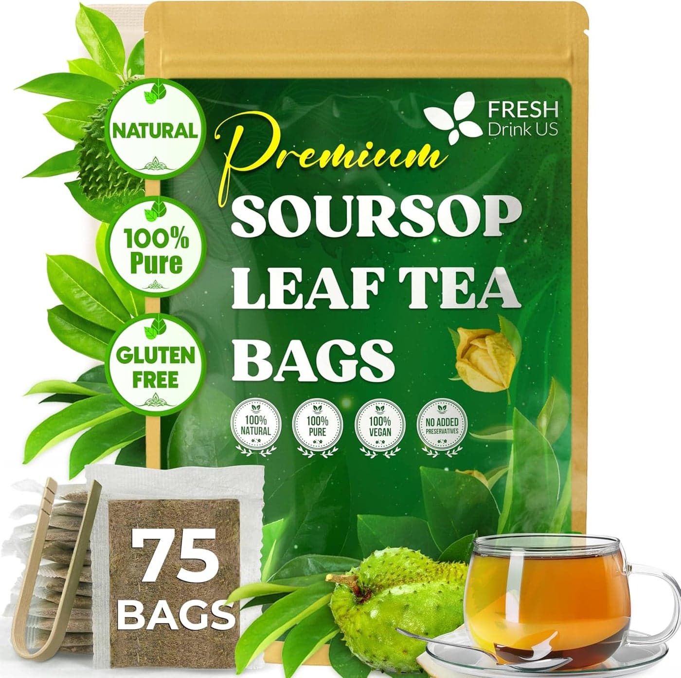 FreshDrinkUS Premium Soursop Leaf Tea Bags - 75 Count, 100% Natural and Pure, Handmade, Gluten Free