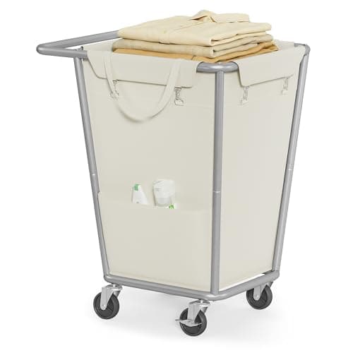 SONGMICS Laundry Basket with Wheels, 34.3 Gallons (130 L) Rolling Laundry Hamper with Removable Bag, Heavy-Duty Steel Frame, Cream White URLS008W01