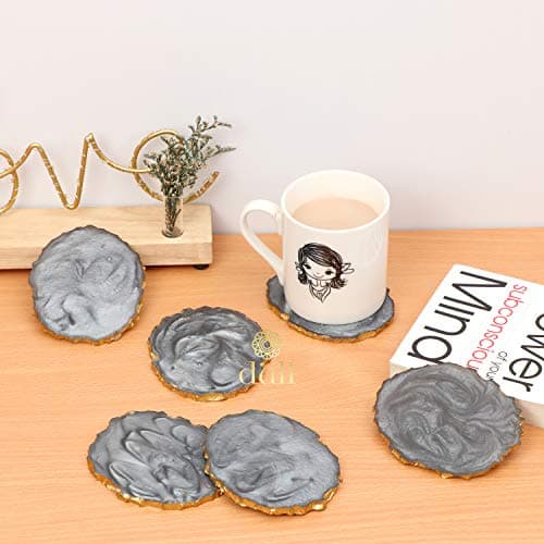 DULI Set of 6 Resin Tea Coasters (10 * 8 cm) (Grey)