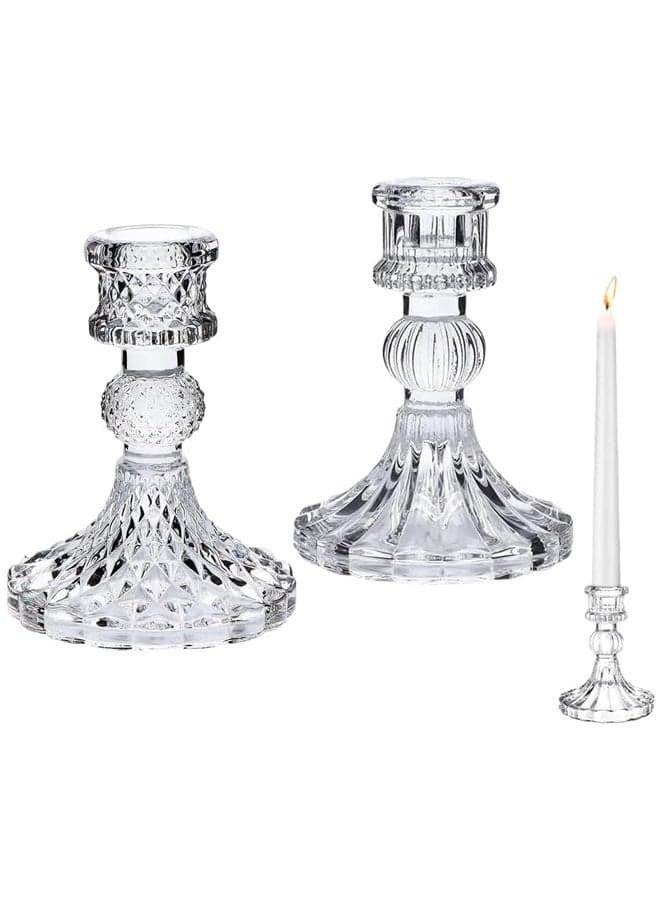 2 Pcs Glass Candle Holders,Clear Candlestick Holder and Taper Candle Holder,Crystal Decorative Candle Stand,for Formal Events, Wedding, Festival,Church, Party & Festival Decoration,Clear